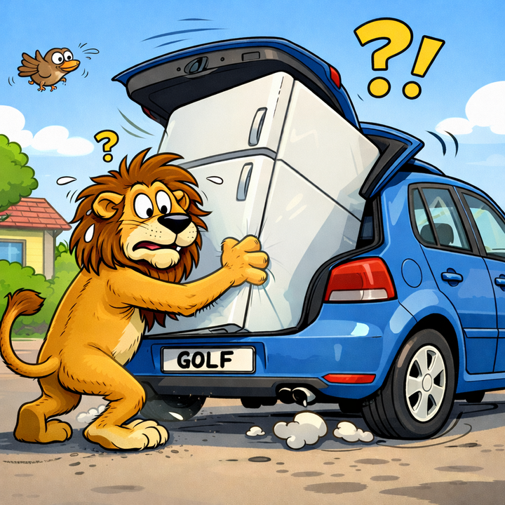 Eine Comic-zeichnung eines Löwe, der mit verdutztem Gesichtsausdruck versucht einen Kühlschrank in einen VW Golf zu schieben und es nciht schafft, da sein Auto zu klein ist. Armer Löwe...